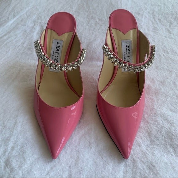 Jimmy Choo Bing 100 Shiny Patent Leather Crystal Stiletto Heels Bubble Pink - Picture 5 of 16